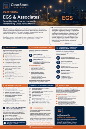 Infographic summary of the EGS & Associates smart lighting case study: the challenge, Chris McGlasson's fractional CIO role, technology evaluation, winning solution, benefits, and business impact.